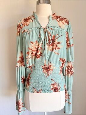 Floral Tie-Neck Smocked Waist Mesh Long Sleeve Blouse - Mint Burgundy Floral, L